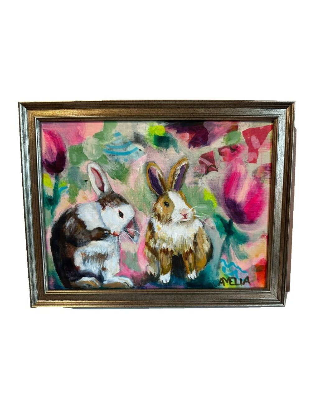 Original Art Bunny Rabbit Painting OOAK "Year of the Bun" Framed Wall Decor 9x12